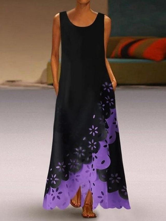 flowersverse Women's A-Line Dress Maxi Long Dress - Sleeveless Floral Hole Summer U Neck Plus Size Hot Casual Vacation Dresses White Purple Blushing Pink Gold Light Blue Black Dresses