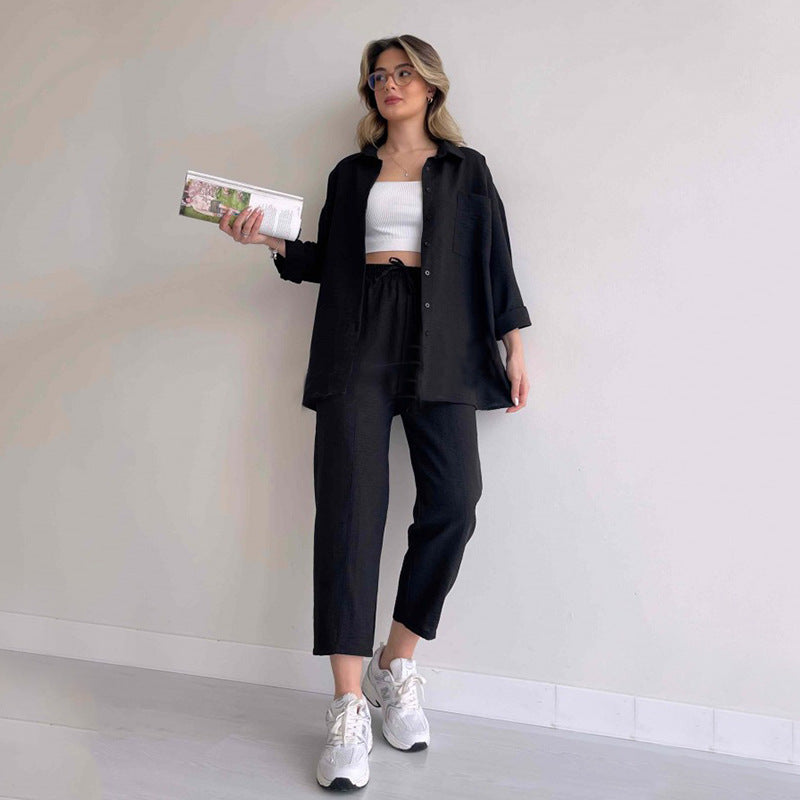 flowersverse Plus Size Women's Fall Casual Loose Shirt Coat Cropped Sport Harem Pants Two-Piece Set