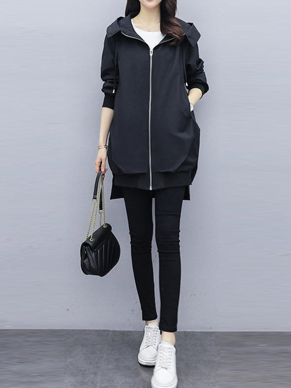 flowersverse Casual Loose 4 Colors Pleated Zipper Hooded Long Sleeves Outwear