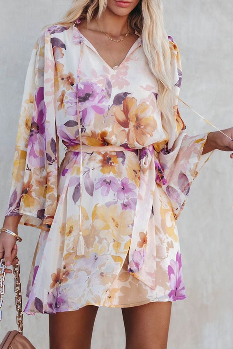 flowersverse Casual Print Patchwork V Neck Cake Skirt Dresses