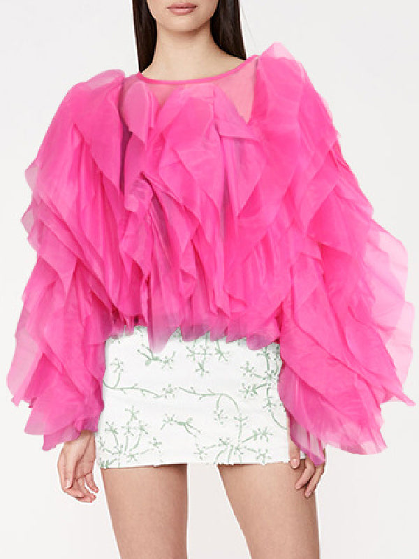 flowersverse Lace-Up Solid Color Tiered Long Sleeves Loose Round-Neck Blouses&Shirts Tops