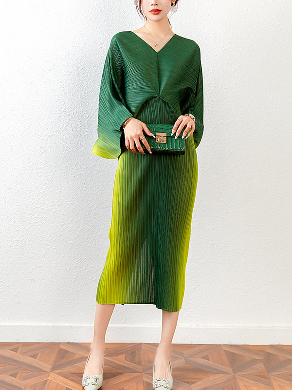 flowersverse Fashion Loose Batwing Sleeves Gradient Pleated Midi Dress