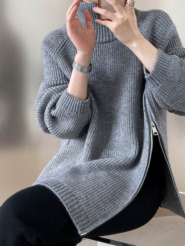 flowersverse Split-Joint Split-Side Zipper Long Sleeves Loose High Neck Sweater Tops