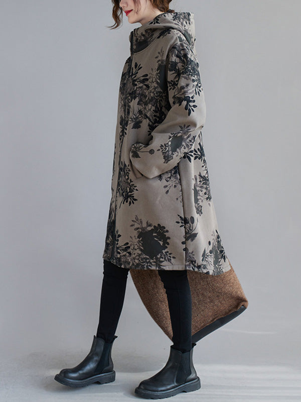 flowersverse Artistic Retro Loose Floral Printed Hooded Long Sleeves Outwear