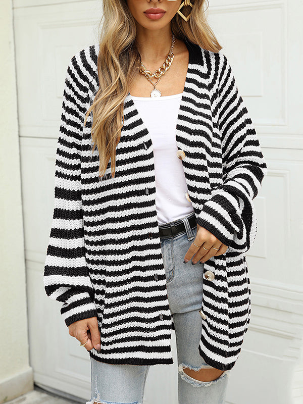 flowersverse Casual Loose Long Sleeves Striped V-Neck Cardigan Tops