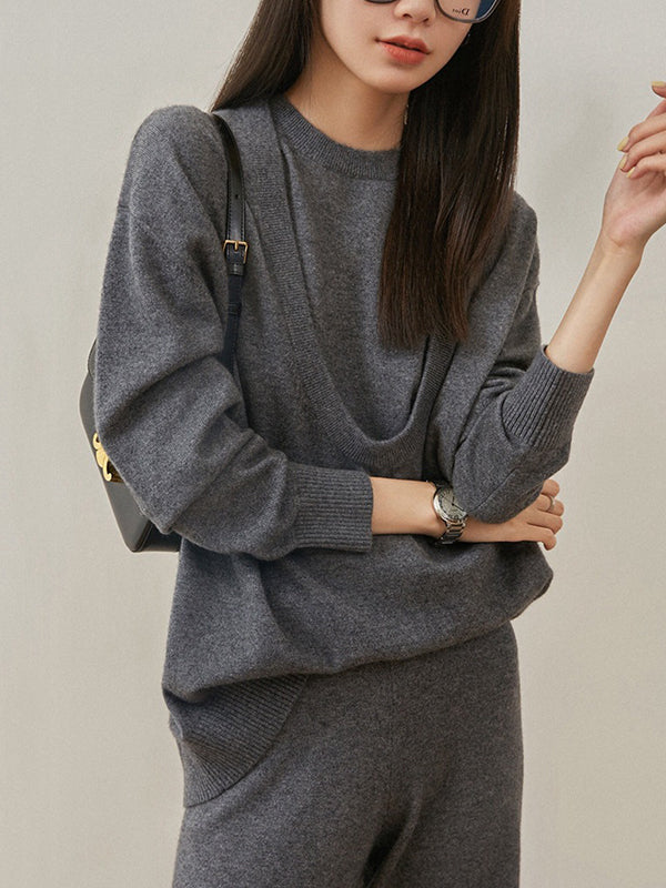 flowersverse Urban Loose Solid Round-Neck Vest Top& V-Neck Sweater Tops& Wide Leg Pants Three-Piece Set