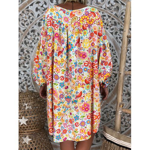 flowersverse Summer Women Boho Floral Long Sleeve Dress Holiday Beach Shirt Dress Ladies Print Mini Dress Plus Size