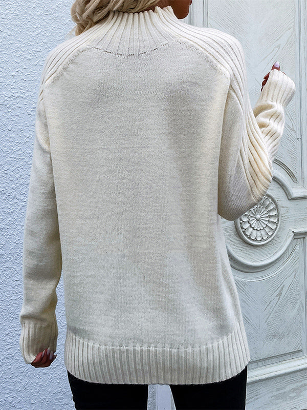 flowersverse Stylish Long Sleeves Loose Solid Color High-Neck Sweater Tops