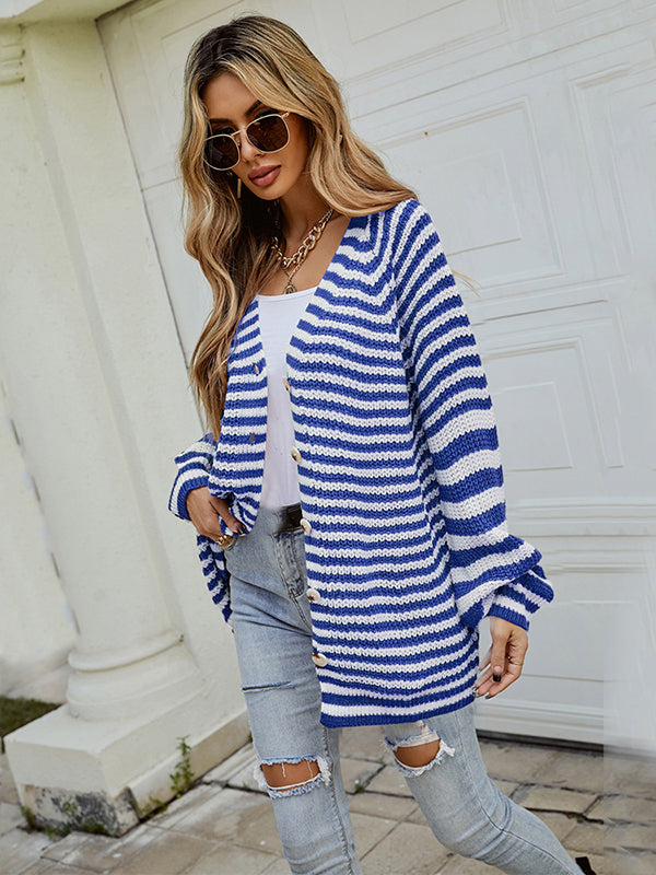 flowersverse Casual Loose Long Sleeves Striped V-Neck Cardigan Tops