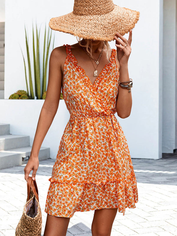 flowersverse V-neck Tie Ruffle Floral Suspender Dress