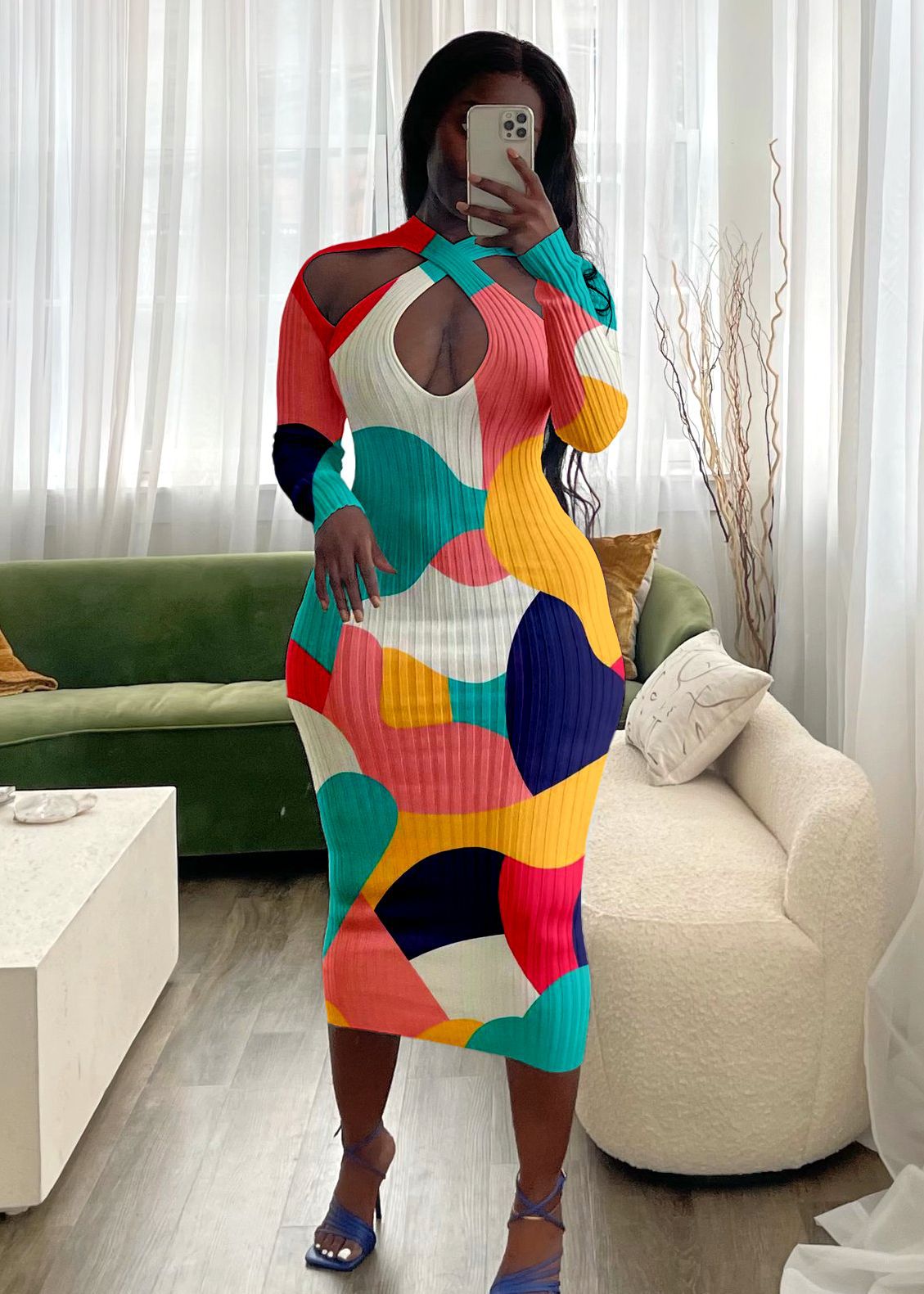 flowersverse Women's Multi-Color Ribbed Long Sleeves Midi Bodycon Dress