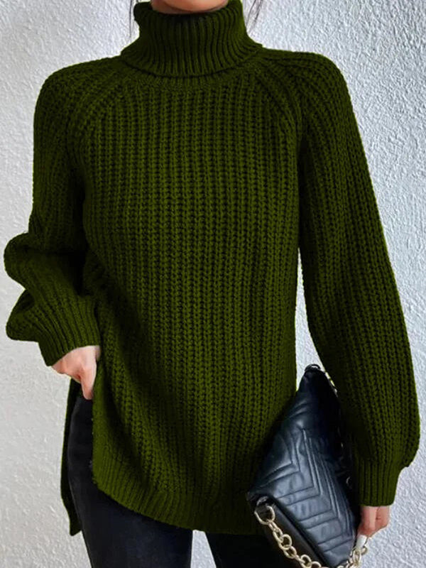 flowersverse Solid Color Split-side Long Sleeves Loose High Neck Sweater Tops Pullovers