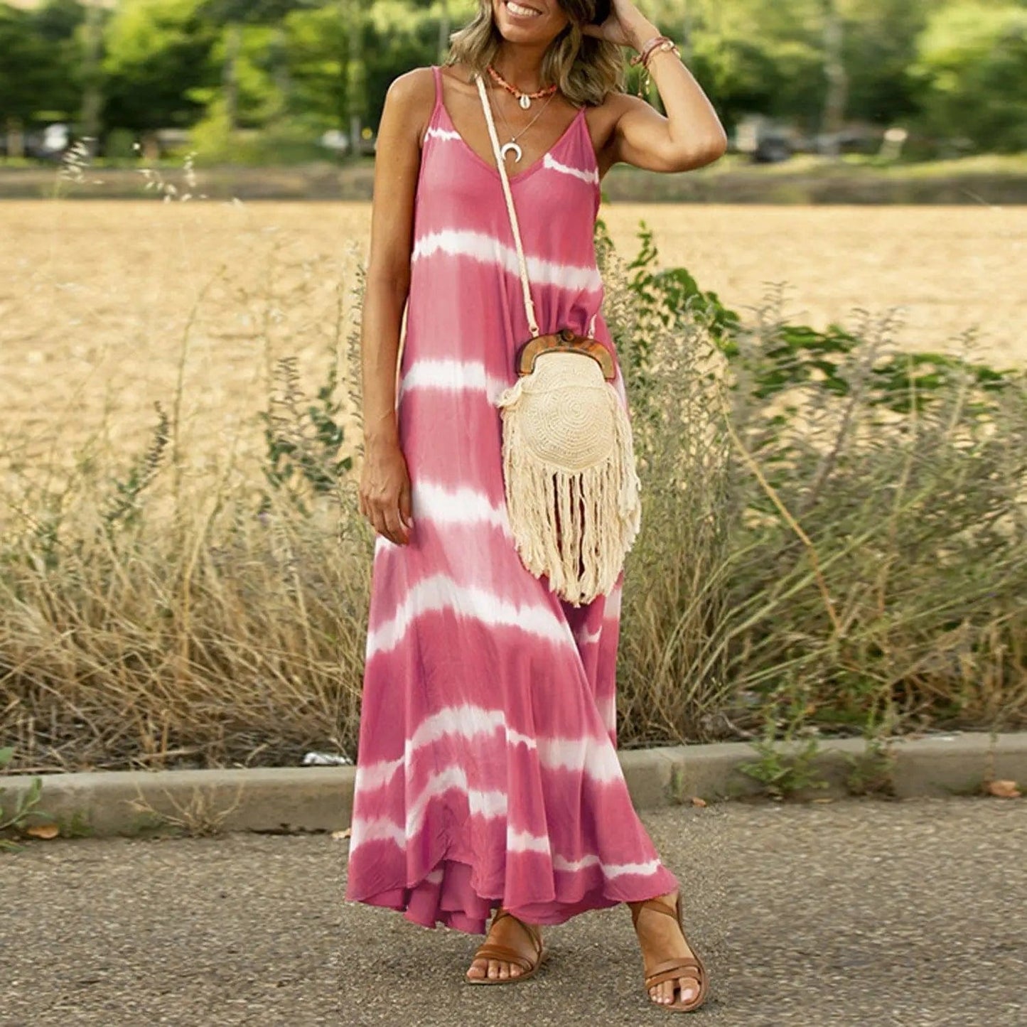 flowersverse Women's Printed Striped Plus Size Maxi Loose Dress