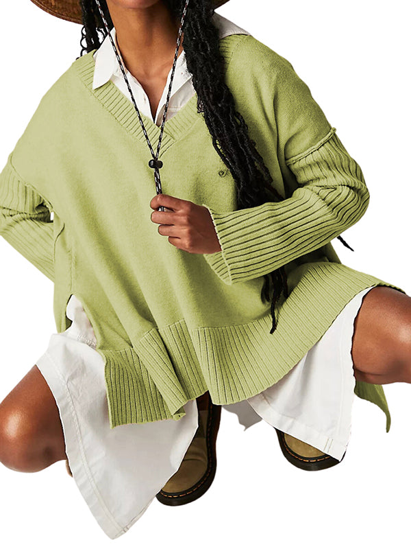 flowersverse Solid Color Split-Joint Split-Side Long Sleeves Loose V-Neck Sweater Tops Pullovers