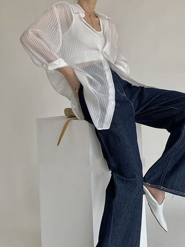 flowersverse Buttoned Solid Color Long Sleeves Loose Lapel Collar Blouses&Shirts Tops