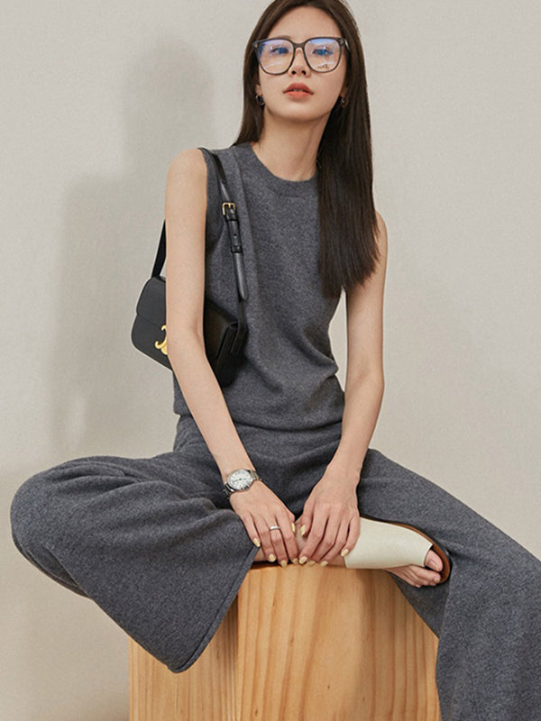 flowersverse Urban Loose Solid Round-Neck Vest Top& V-Neck Sweater Tops& Wide Leg Pants Three-Piece Set