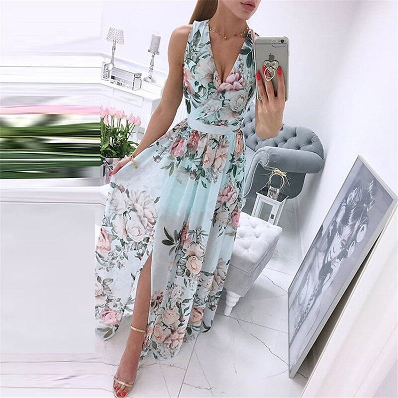 flowersverse Women's Swing Dress Maxi long Dress Blue White Pink Sleeveless Floral Print Split Print Spring Summer V Neck Elegant Vacation S M L XL XXL