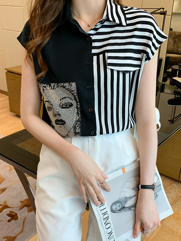 flowersverse Asymmetric Figure Printed Cap Sleeve Loose Lapel Blouses&Shirts Tops