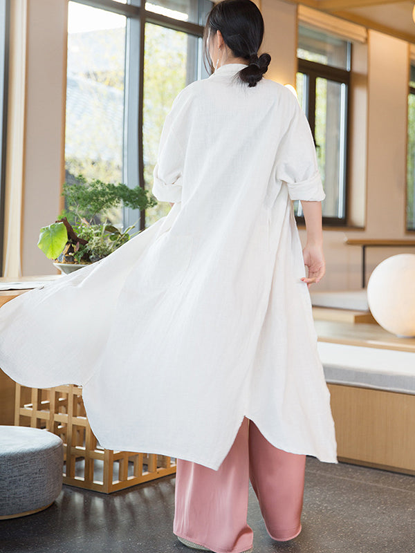 flowersverse Artistic Retro Loose Simple Casual Solid Color Ramie Trench Coat