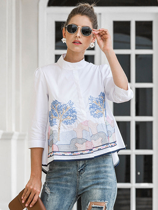 flowersverse Casual Three-Quarter Sleeves Loose Embroidered Stand Collar Blouses&Shirts Tops
