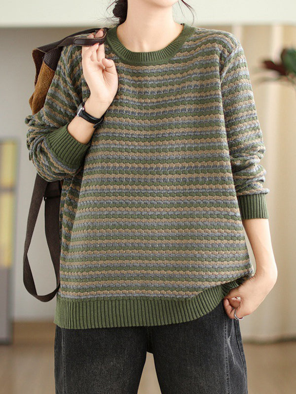 flowersverse Contrast Color Jacquard Velvet Long Sleeves Loose Round-Neck Sweater Tops Pullovers