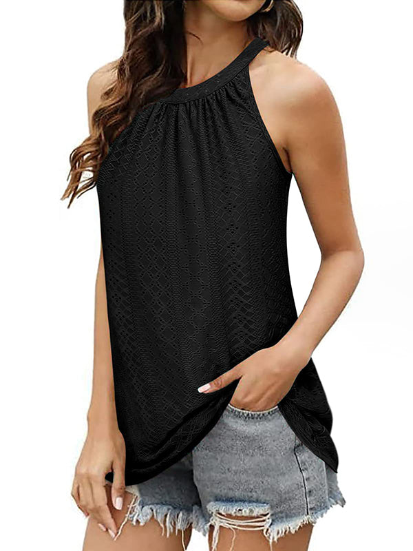 flowersverse Hollow Solid Color Loose Sleeveless Round-Neck Vest Top