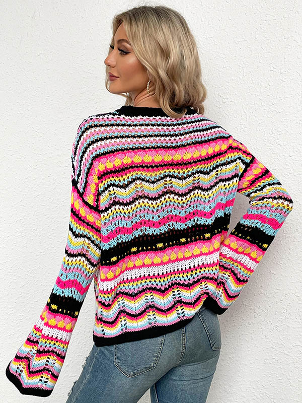 flowersverse 4 Colors Loose Contrast Color Round-Neck Sweater Top