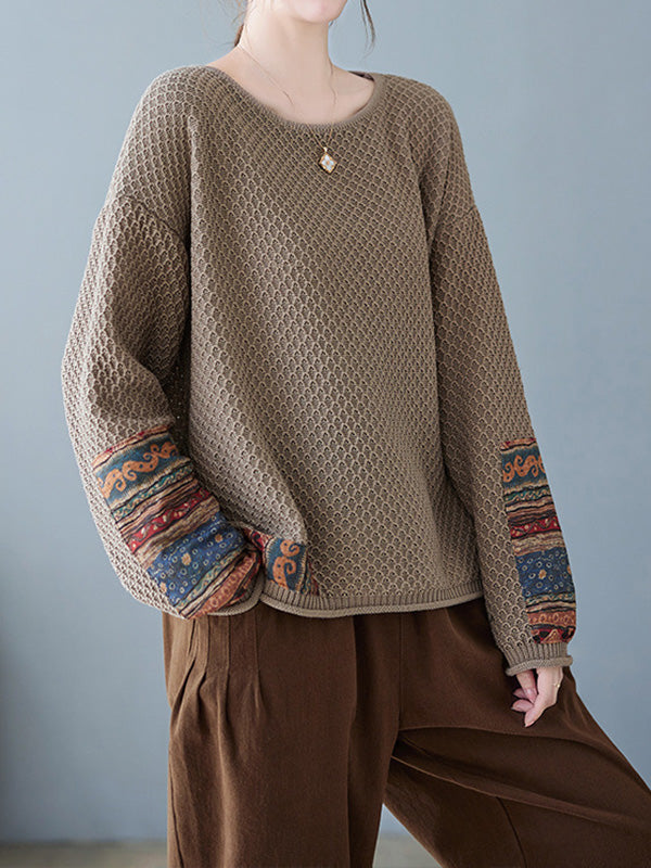 flowersverse Printed Split-Joint Long Sleeves Loose Round-Neck Sweater Tops Pullovers