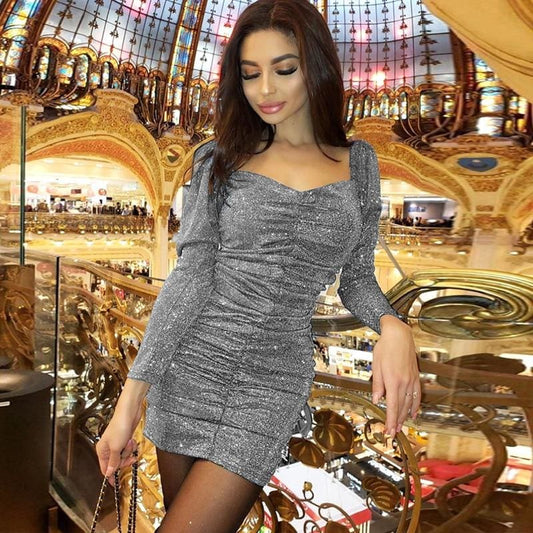flowersverse Women Glitter Square Neck Ruched Bodycon Dress Off Shoulder Sparkling Cocktail Party Club Evening Mini Dress