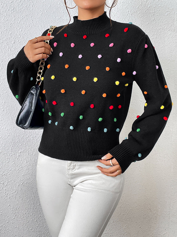 flowersverse Pompom Triming Long Sleeves Loose Round-Neck Sweater Tops Pullovers Knitwear