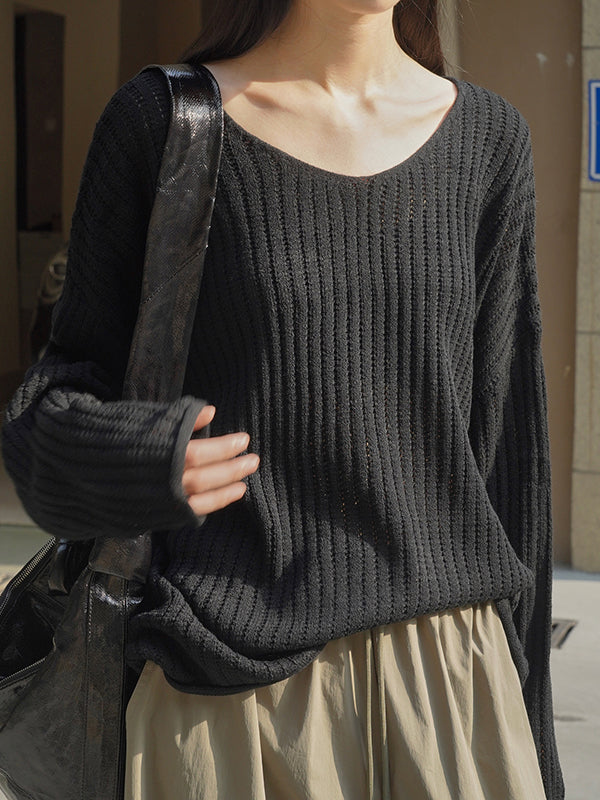 flowersverse Solid Color Long Sleeves Loose V-Neck Sweater Tops Pullovers