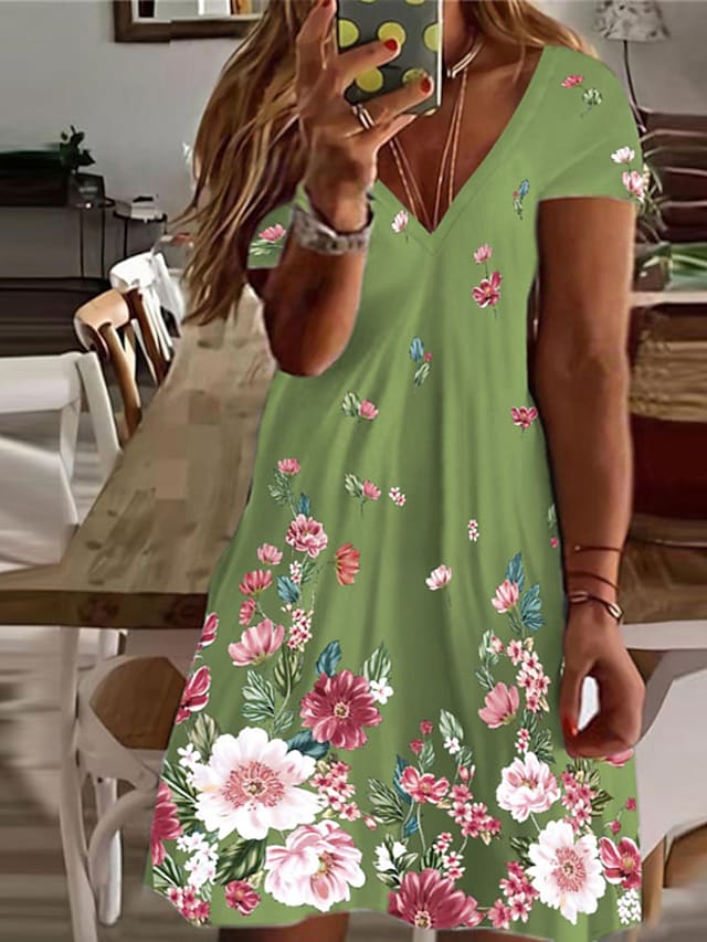 flowersverse Women's Plus Size Curve A Line Dress Floral V Neck Short Sleeve Spring Summer Casual Short Mini Dress Causal Daily Dress