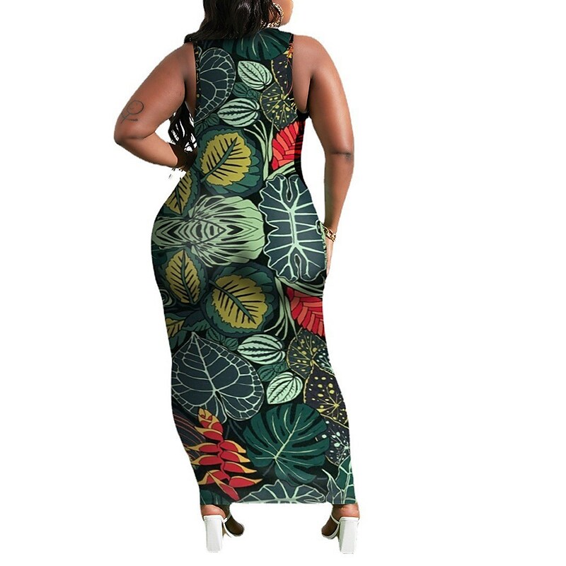 flowersverse Women's Plus Size Casual Dress Bodycon Sheath Dress Leaf Long Dress Maxi Dress Sleeveless Print U Neck Sexy Outdoor Green Spring Summer XL XXL 3XL 4XL 5XL