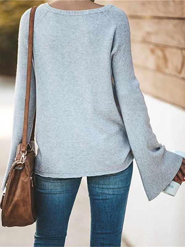 flowersverse Casual Long Sleeves Loose Solid Color V-Neck Sweater Tops