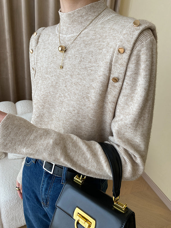 flowersverse Buttoned Split-Joint Long Sleeves High-Neck Sweater Tops