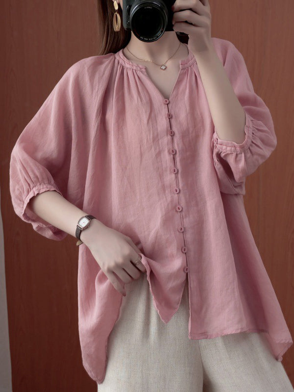 flowersverse Simple Casual Solid Buttoned Pleated Blouse