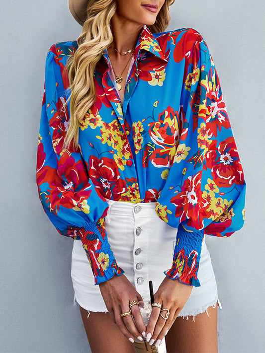 flowersverse Buttoned Elasticity Flower Print Long Sleeves Loose Lapel Blouses&Shirts Tops