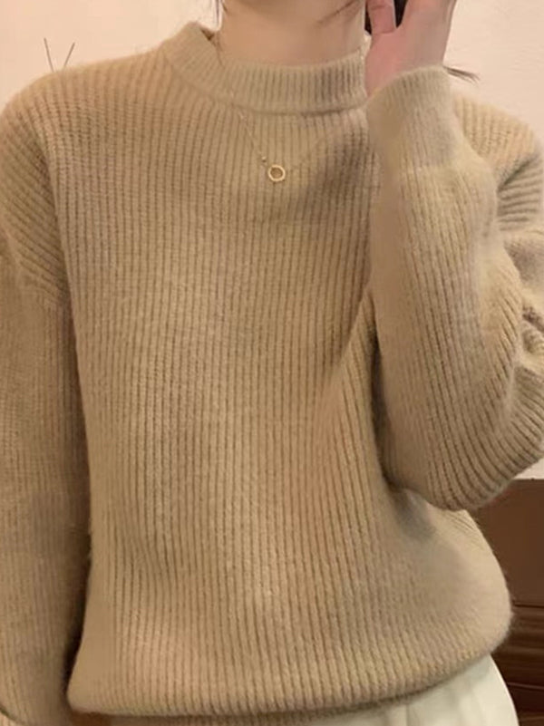 flowersverse Solid Color Long Sleeves Loose Round-Neck Sweater Tops Pullovers