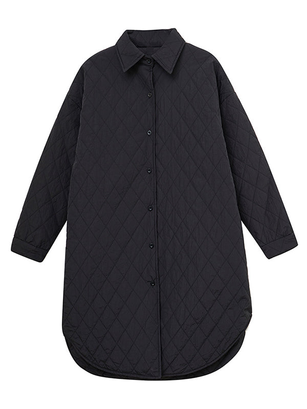 flowersverse Simple Loose Rhombic Belted Solid Color Lapel Padded Coat