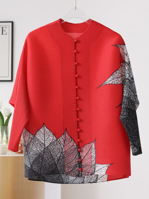 flowersverse Buttoned Leaves Print Long Sleeves Loose Round-Neck Outerwear