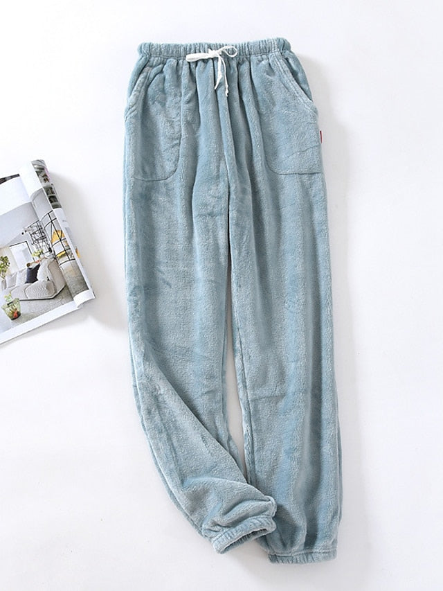 flowersverse Women's Pajamas Pants Nighty Milk Cow Pure Color Comfort Soft Plush Home Daily Bed Flannel Comfort Warm Long Pant Pocket Elastic Waist Winter Fall Green Pink