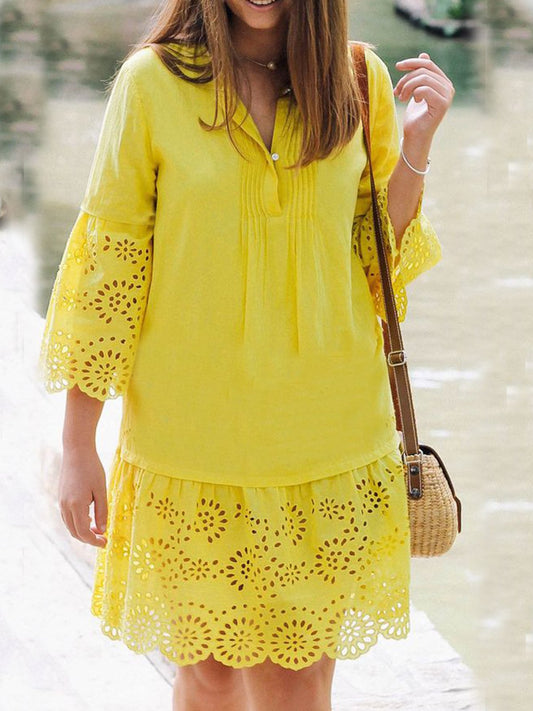 flowersverse Loose Vacation Polyester Cotton V Neck Dress