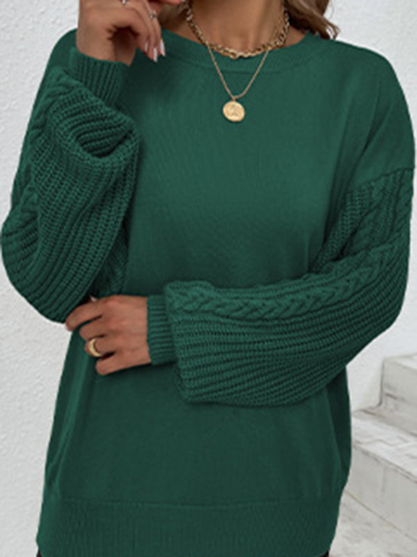 flowersverse Knitted Twist Long Sleeves Solid Color Round-Neck Sweater Tops