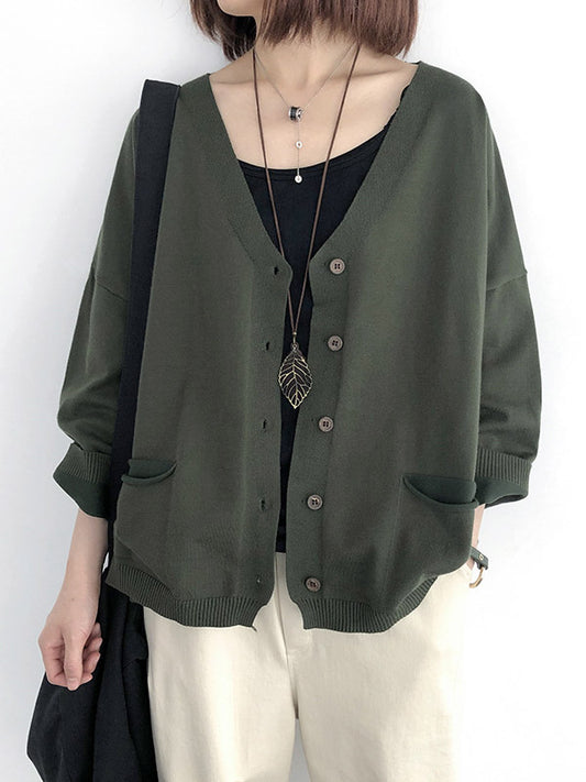 flowersverse Artistic Retro Solid Color Buttoned V-Neck Long Sleeves Cardigan Top