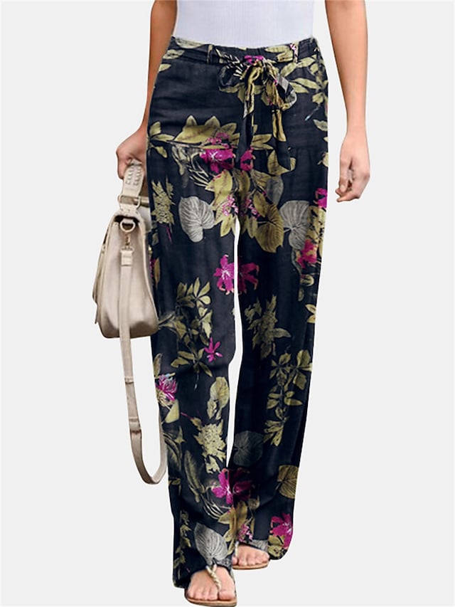 flowersverse Women's Plus Size Loungewear Pants Flower Leaves Basic Casual Comfort Home Daily Vacation Cotton Breathable Pant Spring Summer Yellow Fuchsia