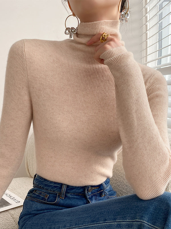 flowersverse Simple Skinny Long Sleeves Solid Color Sweater Tops
