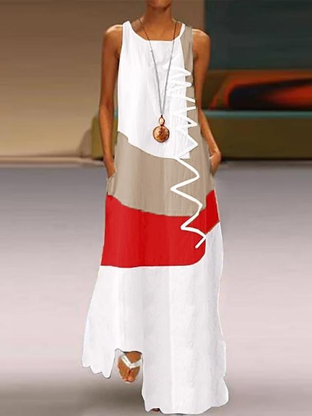 flowersverse Women's A-Line Dress Maxi long Dress - Sleeveless Color Block Patchwork Summer Plus Size Casual Holiday Vacation White Red Khaki Dusty Blue S M L XL XXL XXXL XXXXL XXXXXL