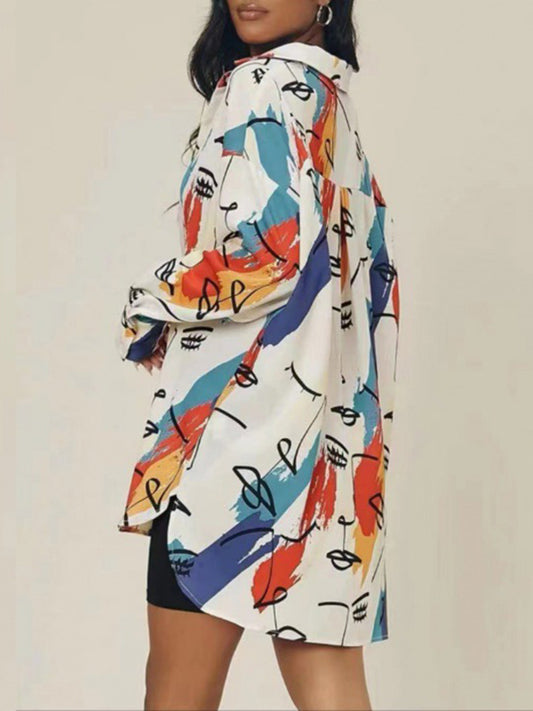 flowersverse Buttoned Figure Printed Split-Side High-Low Long Sleeves Lapel Blouses&Shirts Tops