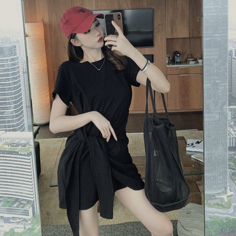 flowersverse Sexy Solid Color Round Neck Cotton Belt Dress Women Summer High Waist A-line Party Nightclub Mini Dress Arrival