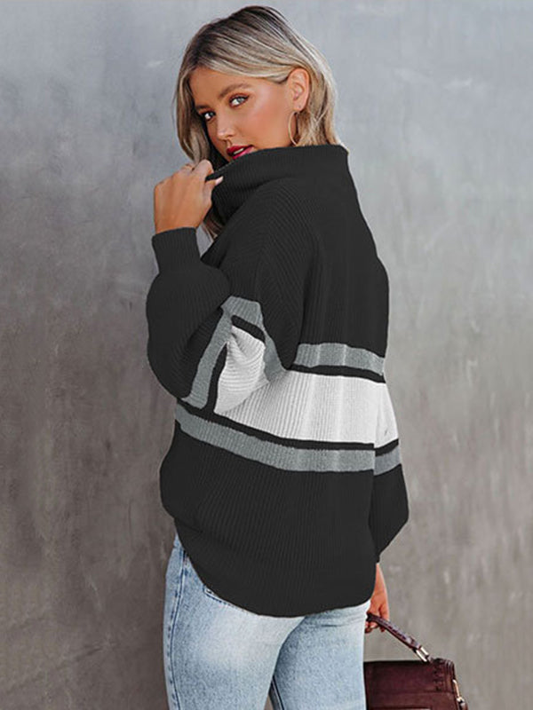 flowersverse Stylish Loose Solid Color& Contrast Color Striped Lapel Collar Sweater Tops